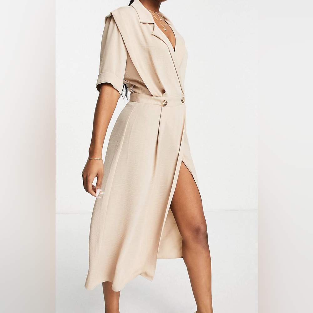 ASOS DESIGN wrap tux midi dress with shoulder pads in stone